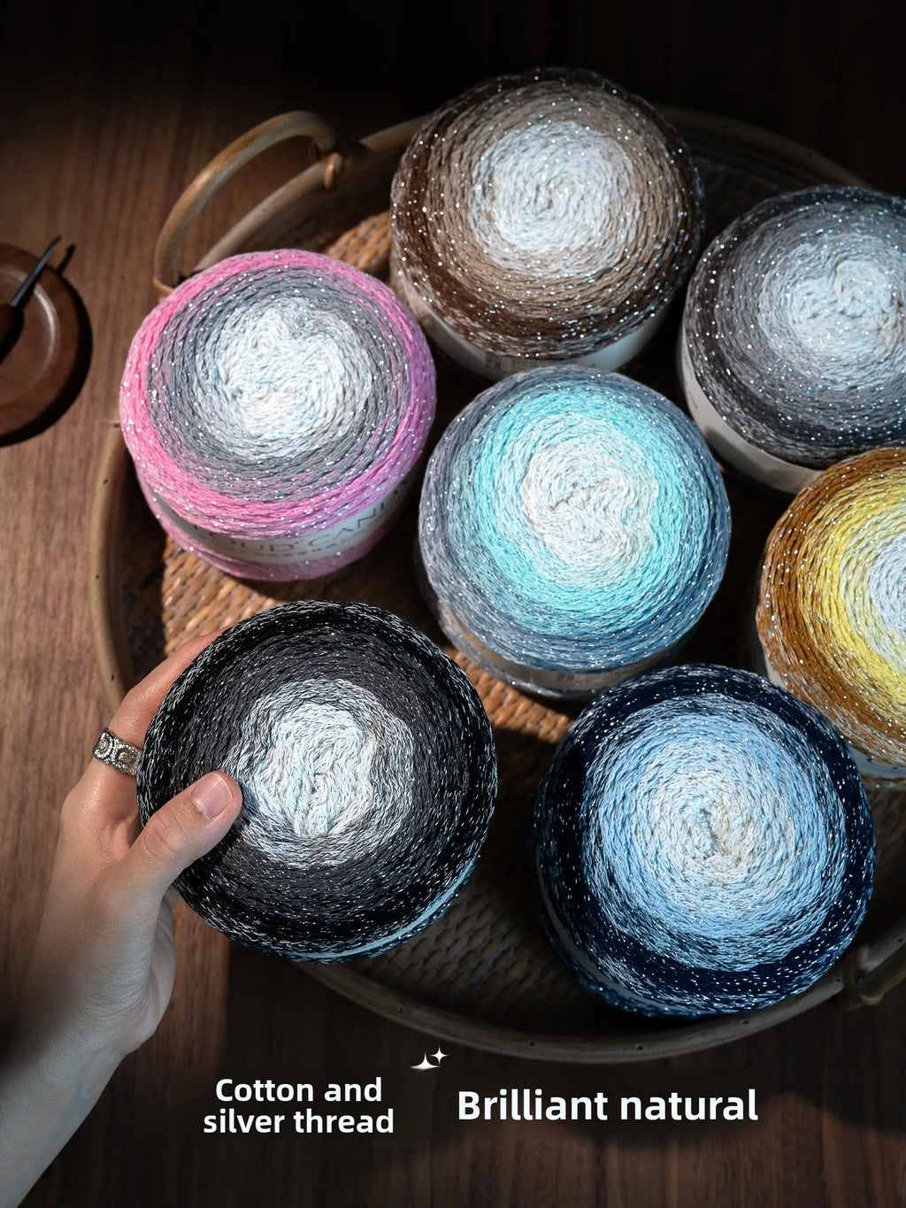 Hollow Cotton Gradient Yarn | Silver Thread Shimmer | 200g Crochet Skein