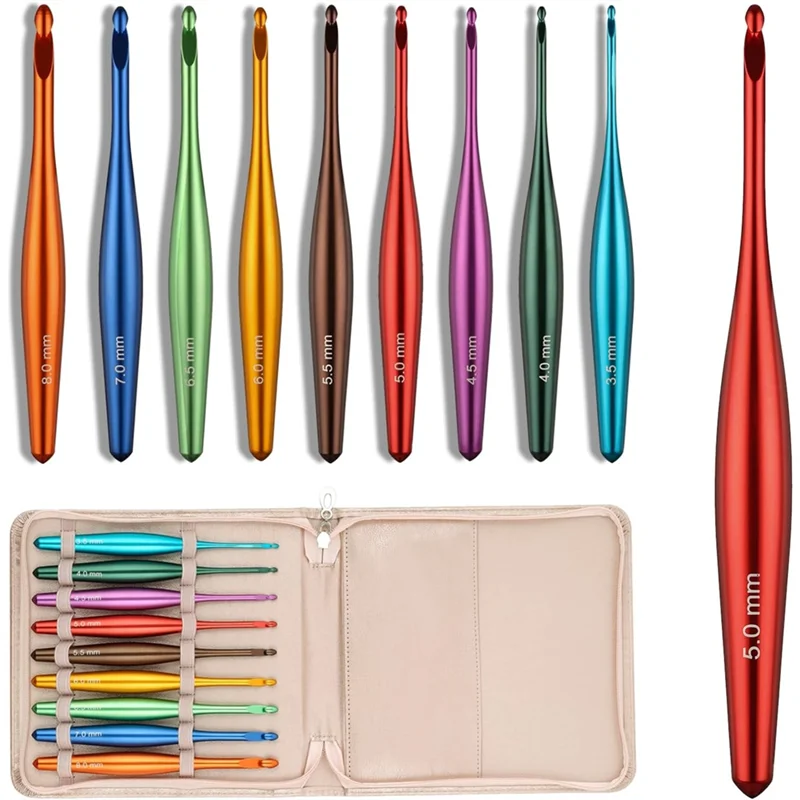 Ergonomisches Häkelnadelset aus Aluminium, 3,5 mm–8 mm (9 Stk.)